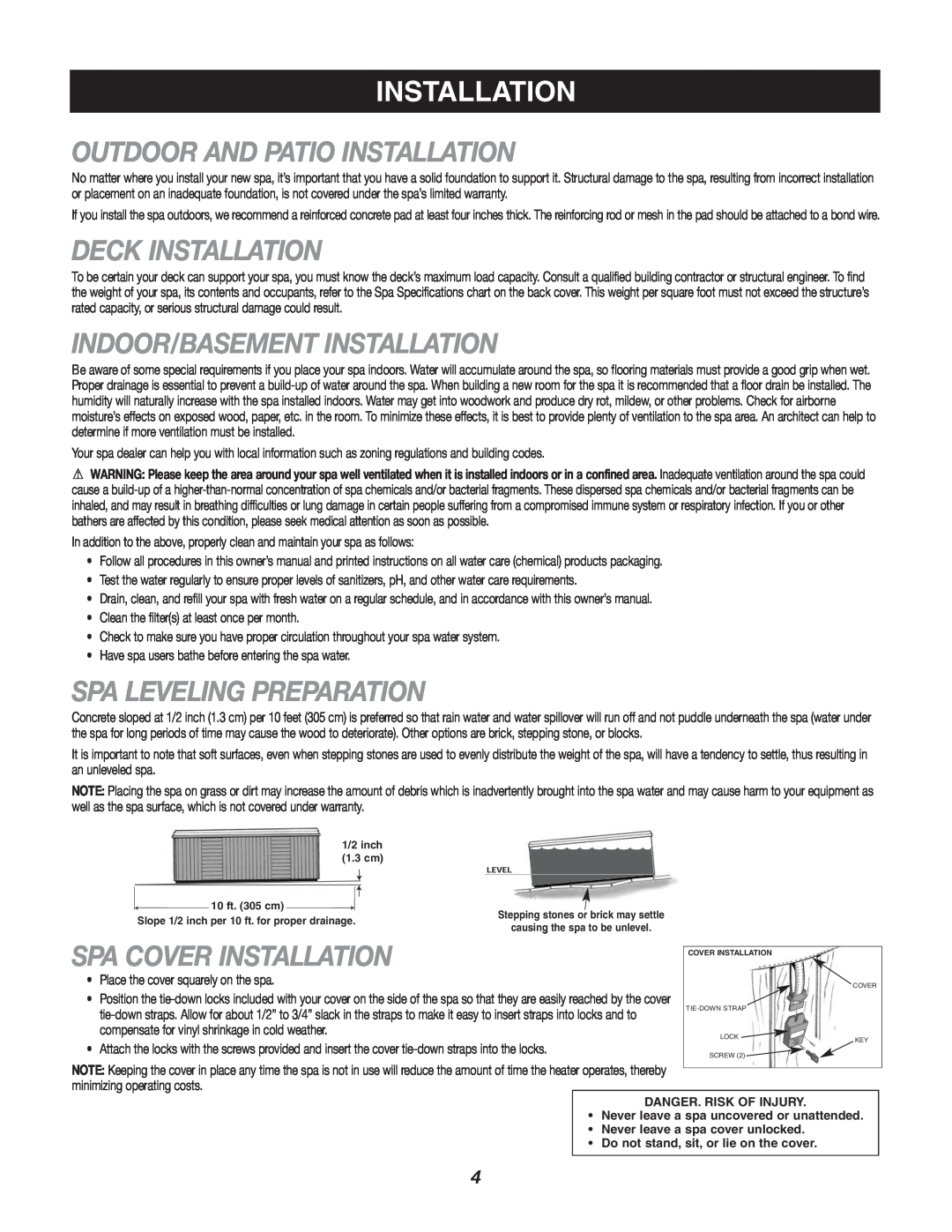 Caldera Highland Series owner manual Outdoor And Patio Installation, Deck Installation, Indoor/Basement Installation 