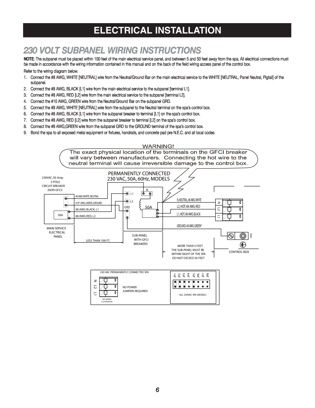 Caldera Highland Series owner manual Volt Subpanel Wiring Instructions, Electrical Installation 