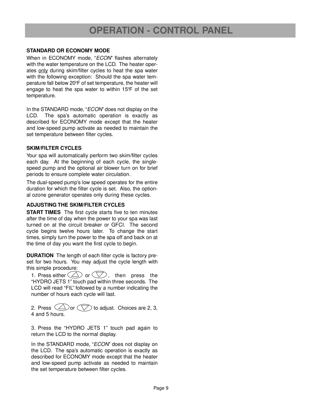 Caldera Paradise Series owner manual Standard or Economy Mode, Adjusting the SKIM/FILTER Cycles 