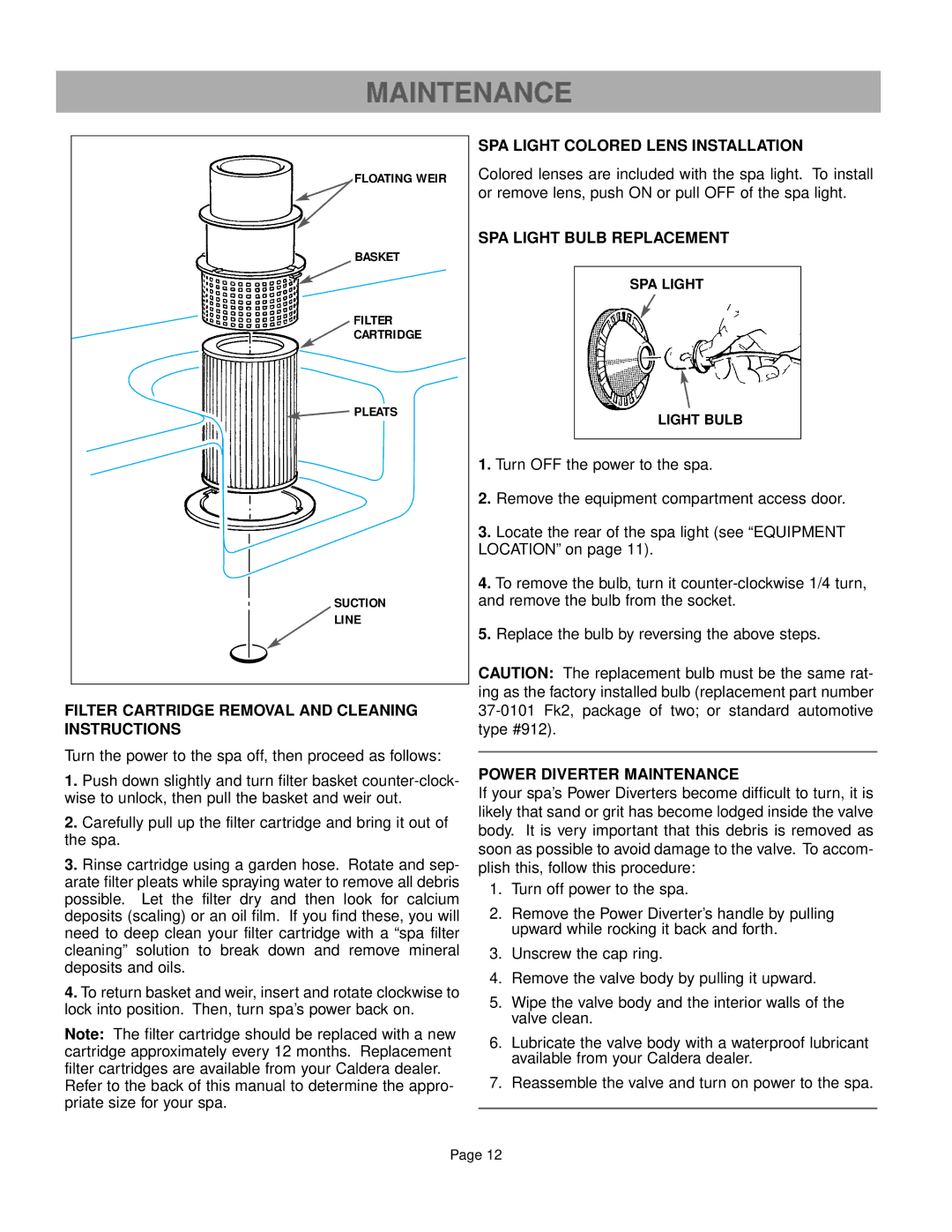 Caldera Paradise Series Filter Cartridge Removal and Cleaning Instructions, SPA Light Colored Lens Installation 