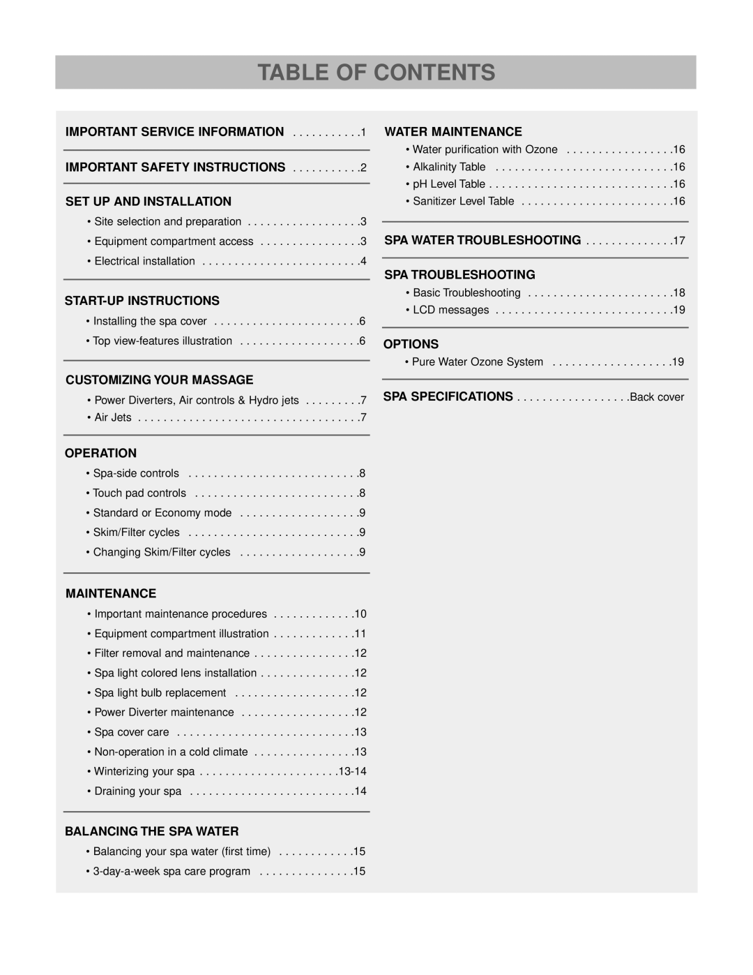 Caldera Paradise Series owner manual Table of Contents 