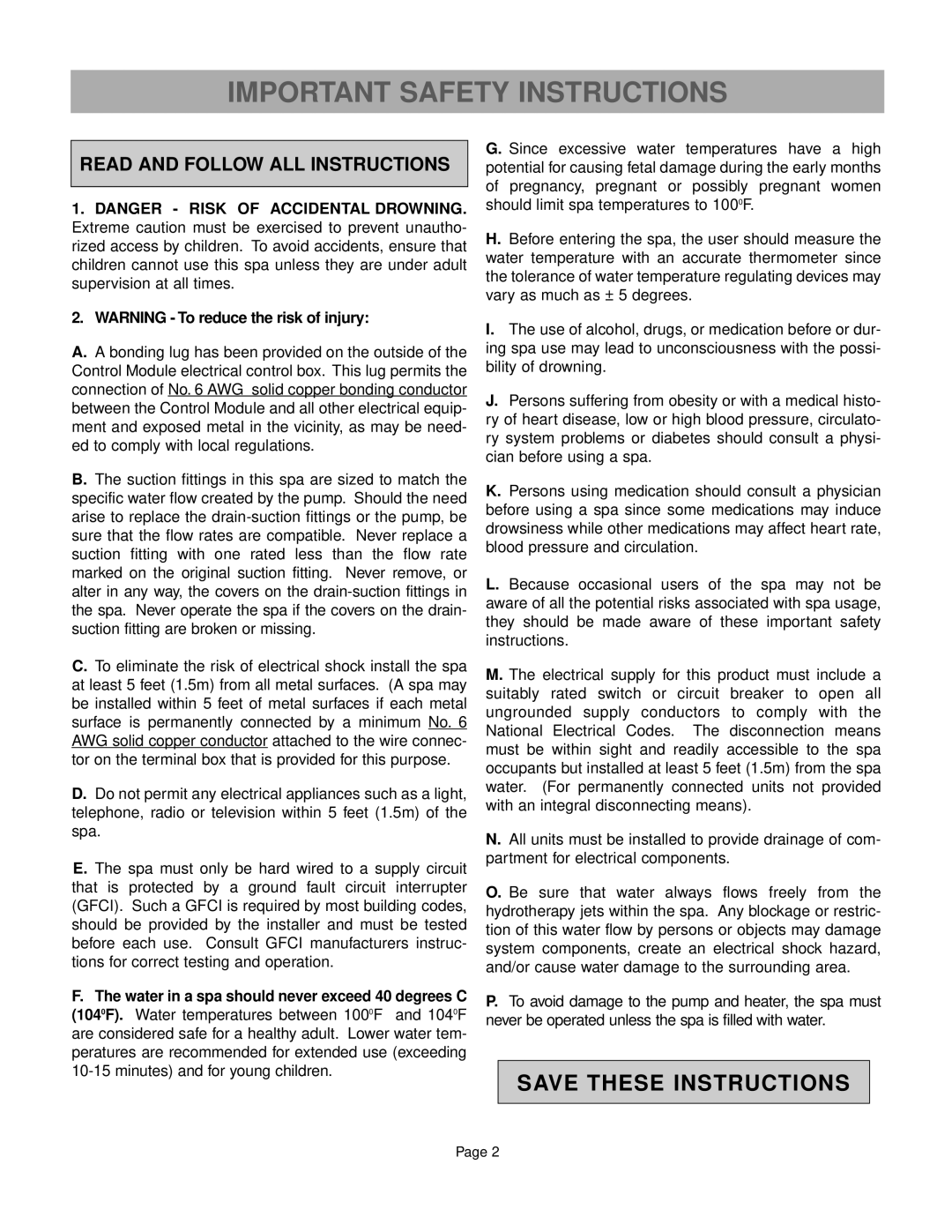 Caldera Paradise Series owner manual Important Safety Instructions, Read and Follow ALL Instructions 