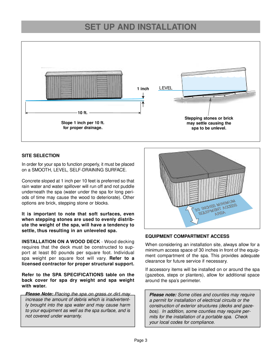 Caldera Paradise Series owner manual SET UP and Installation, Level, Site Selection, Equipment Compartment Access 