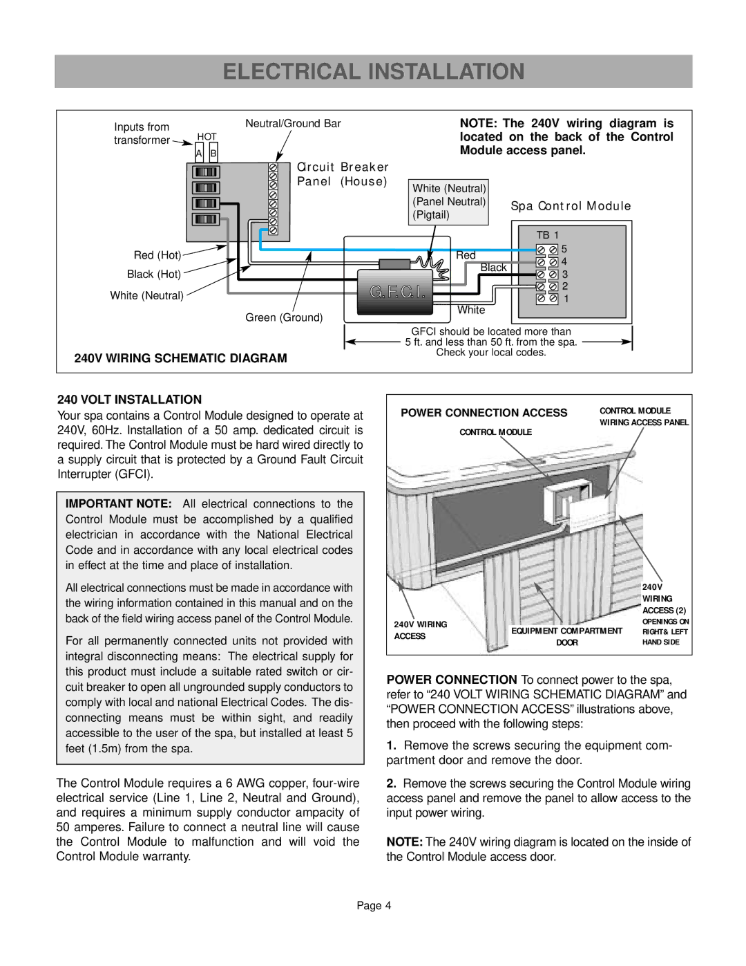 Caldera Paradise Series Electrical Installation, Circuit Breaker Panel House, Spa Control Module, Volt Installation 