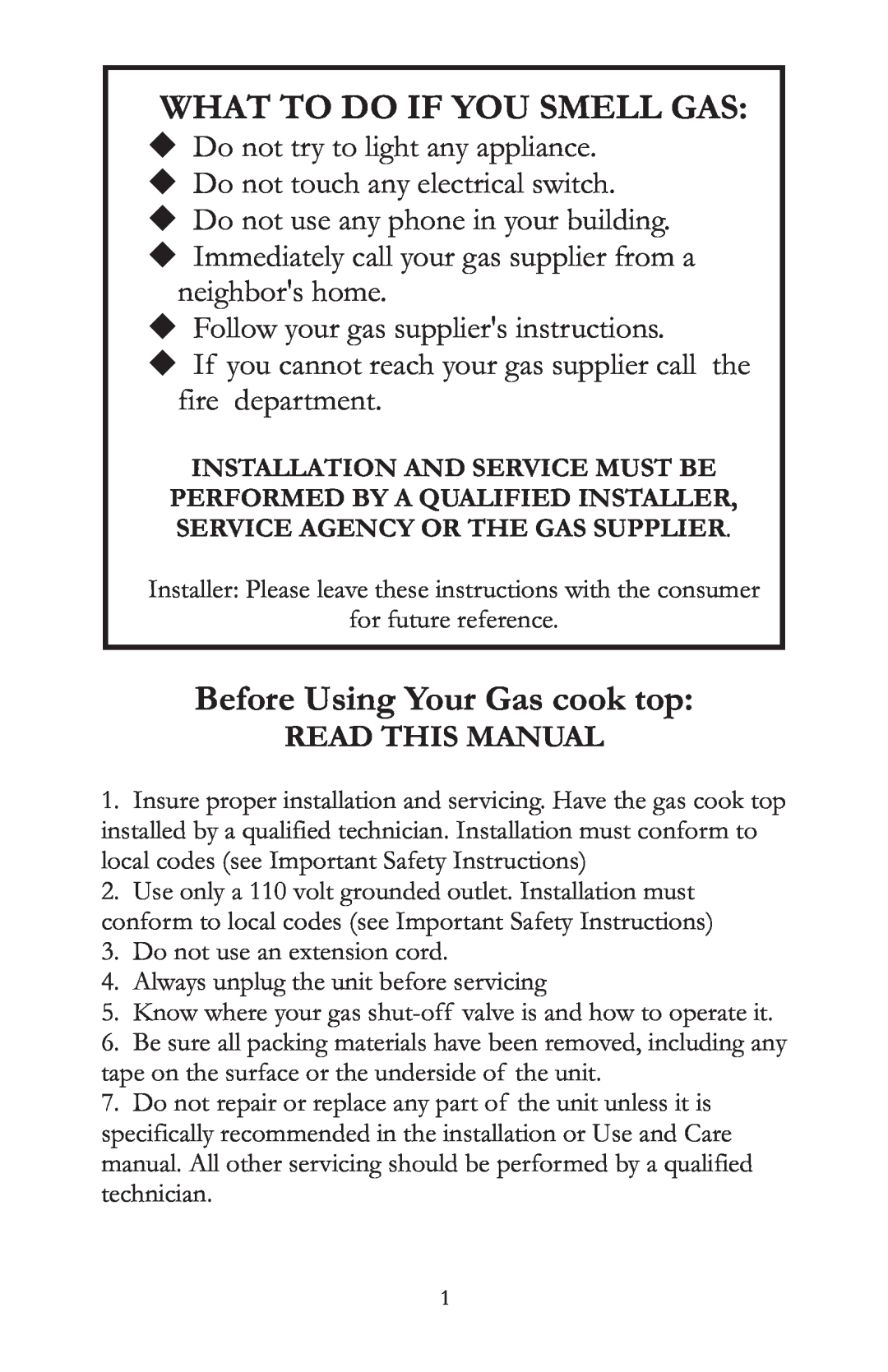 Caldera SSK365LP-US, SSK365NG-C, SSK365LP-C What To Do If You Smell Gas, Before Using Your Gas cook top, Read This Manual 
