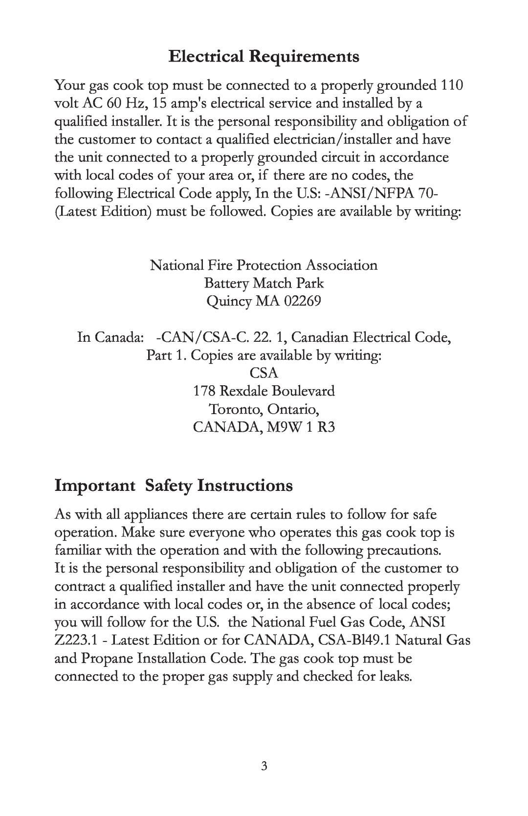 Caldera SSK305NG-US manual Electrical Requirements, Important Safety Instructions, National Fire Protection Association 