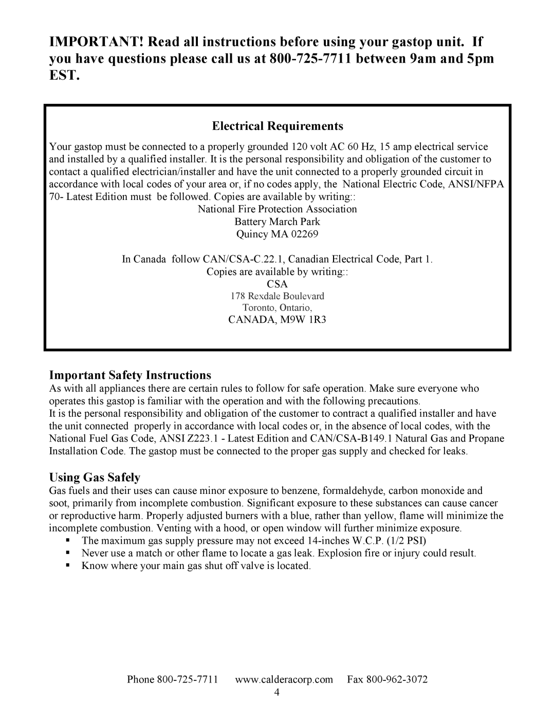 Caldera SST305, SST365, GT365, GT305 manual Electrical Requirements, Important Safety Instructions, Using Gas Safely 