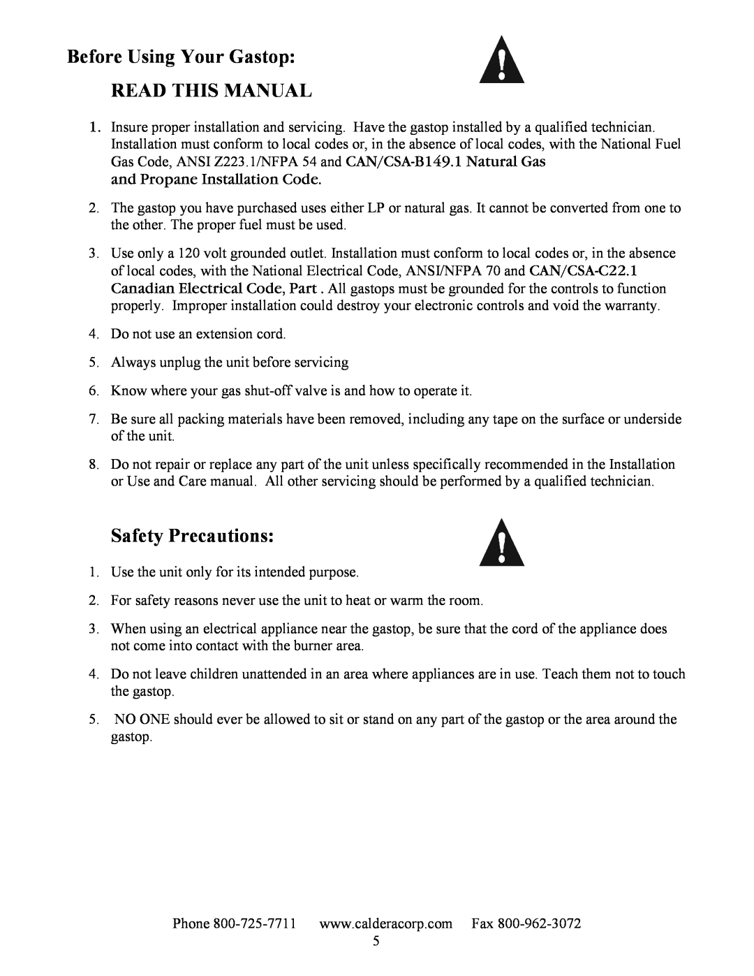 Caldera SST365, SST305, GT365, GT305 manual Before Using Your Gastop READ THIS MANUAL, Safety Precautions 