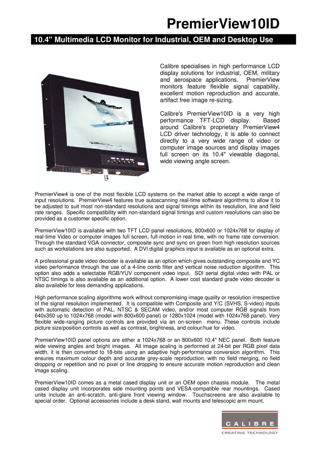 Calibre UK 10id manual PremierView10ID, Multimedia LCD Monitor for Industrial, OEM and Desktop Use 