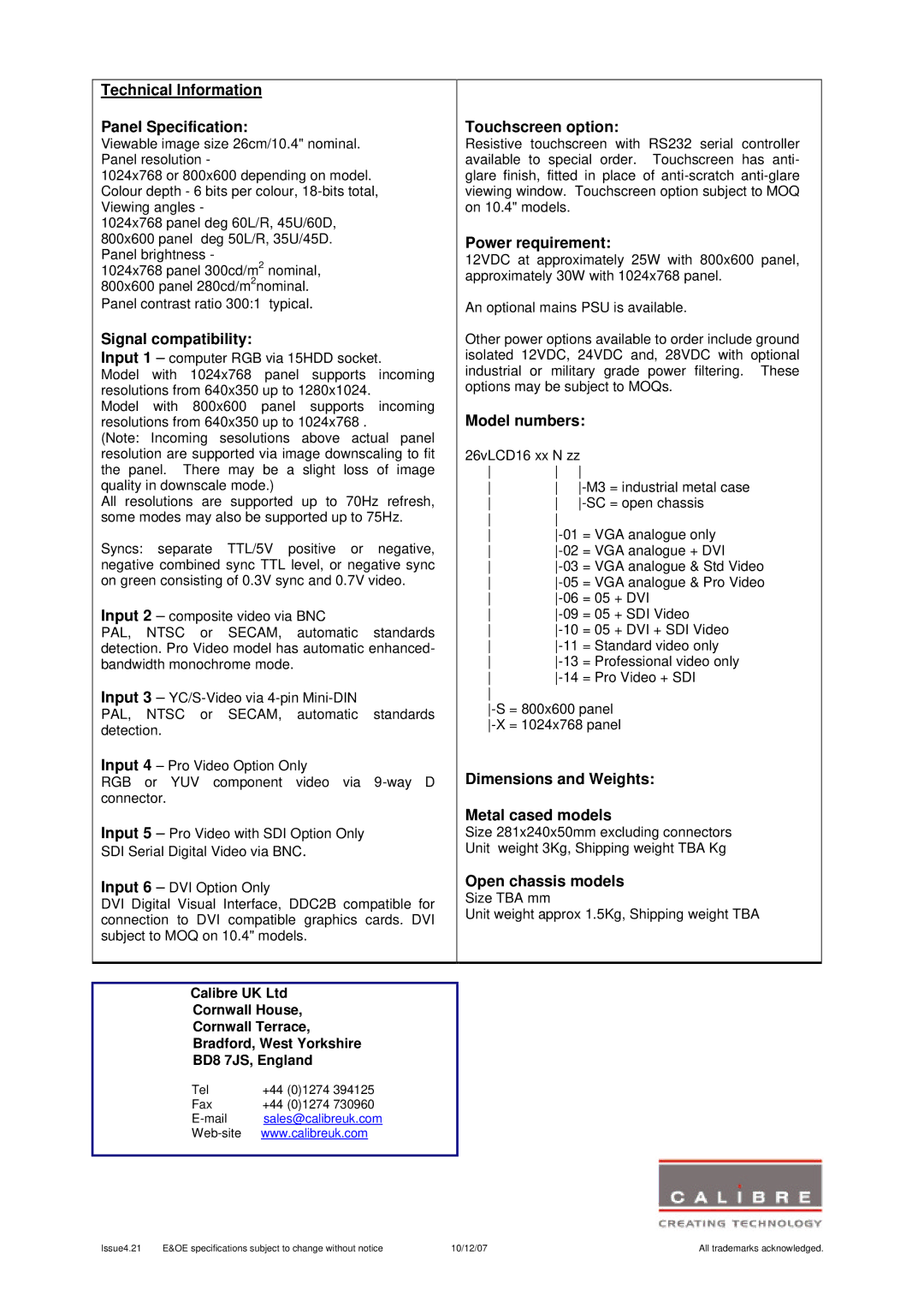 Calibre UK 10id Technical Information Panel Specification, Signal compatibility, Touchscreen option, Power requirement 