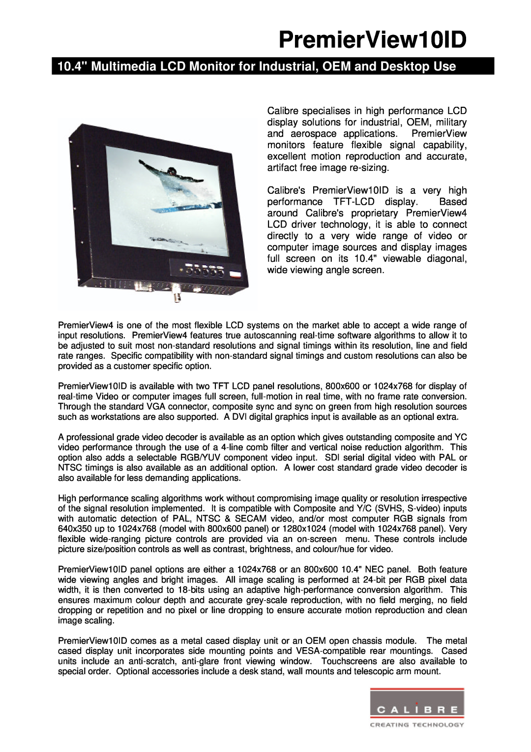 Calibre UK 10id manual PremierView10ID, Multimedia LCD Monitor for Industrial, OEM and Desktop Use 