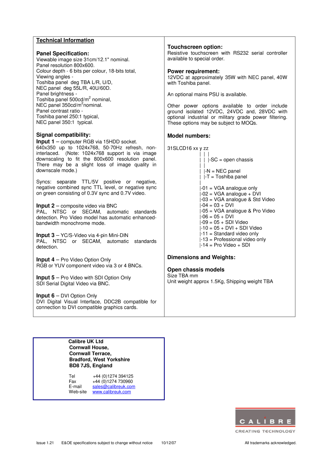 Calibre UK 12ID Technical Information Panel Specification, Signal compatibility, Touchscreen option, Power requirement 