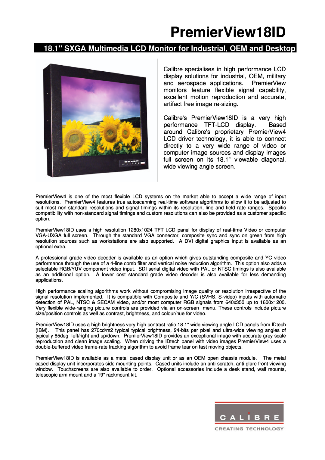 Calibre UK manual PremierView18ID, SXGA Multimedia LCD Monitor for Industrial, OEM and Desktop 