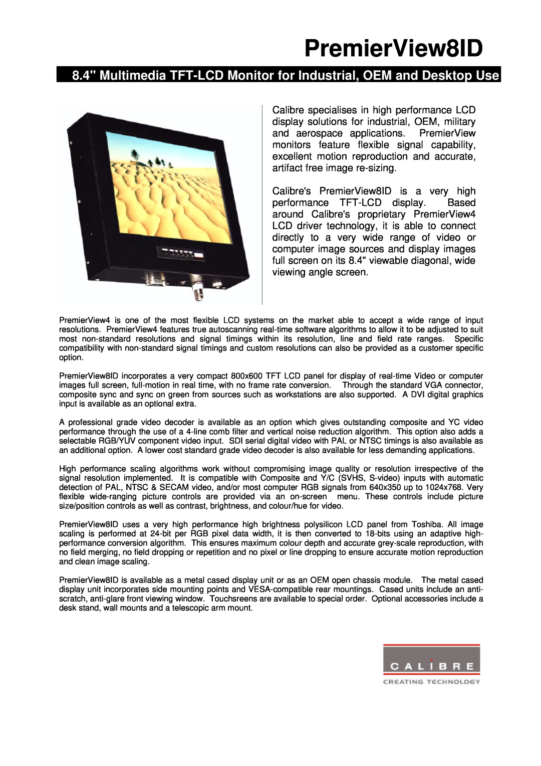 Calibre UK manual PremierView8ID, Multimedia TFT-LCD Monitor for Industrial, OEM and Desktop Use 