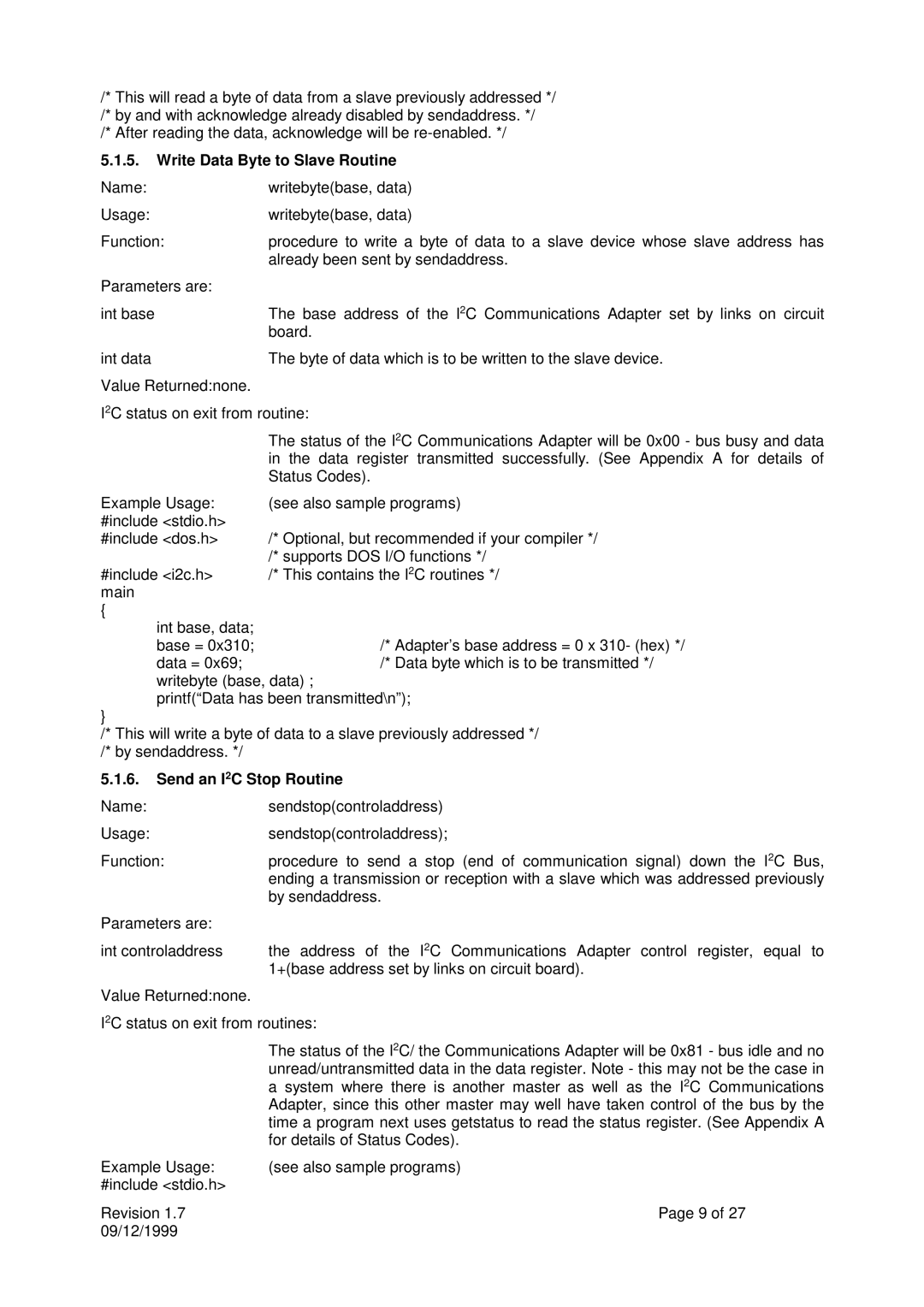 Calibre UK ICA93LV user manual Write Data Byte to Slave Routine, Send an I2C Stop Routine 