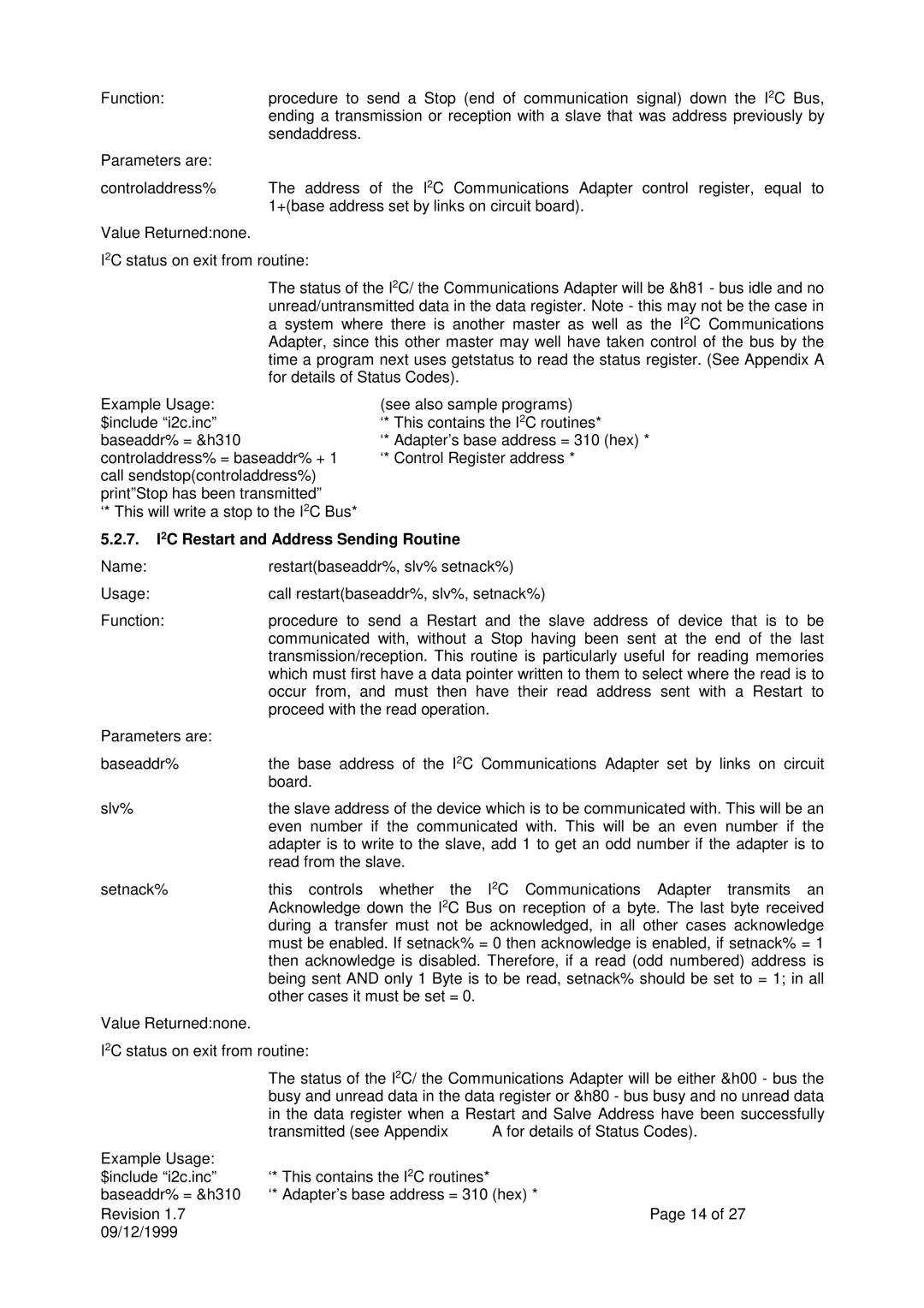 Calibre UK ICA93LV user manual 7. I2C Restart and Address Sending Routine 