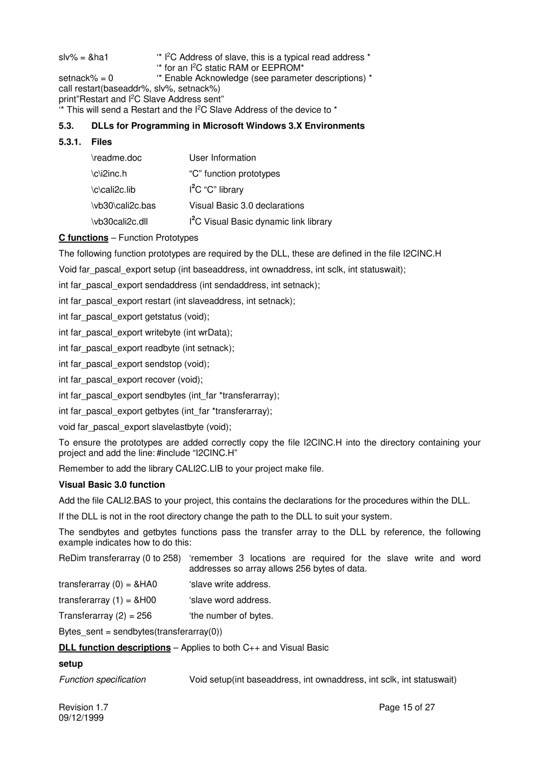 Calibre UK ICA93LV user manual Visual Basic 3.0 function, Setup 