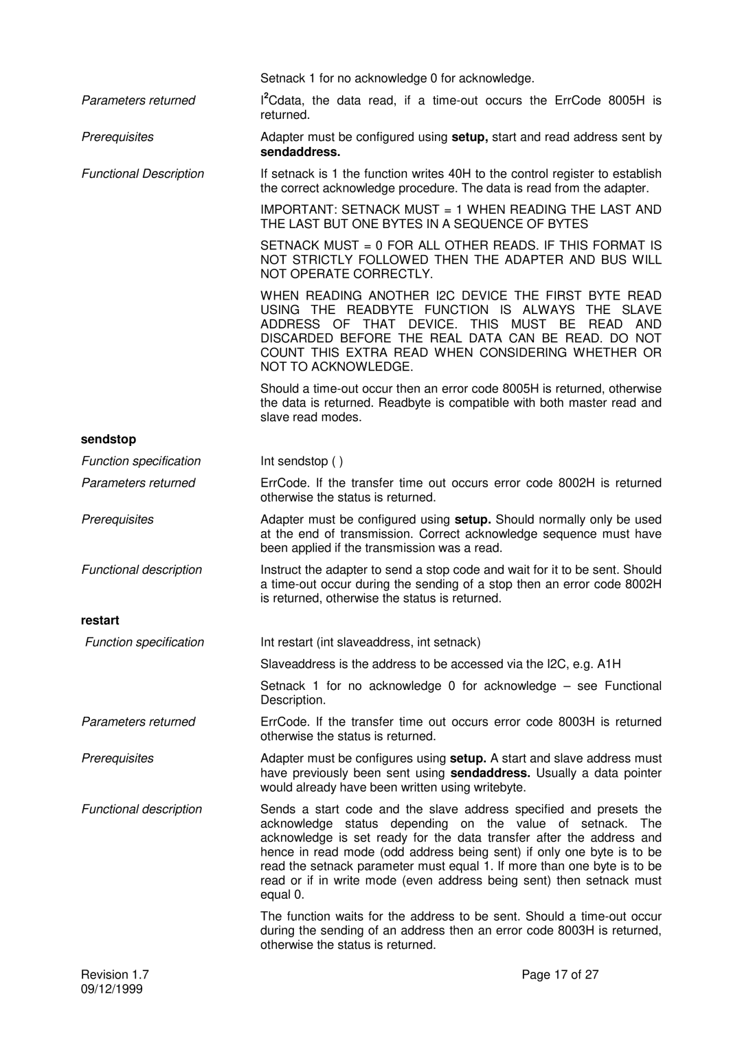 Calibre UK ICA93LV user manual Sendaddress, Sendstop, Restart 