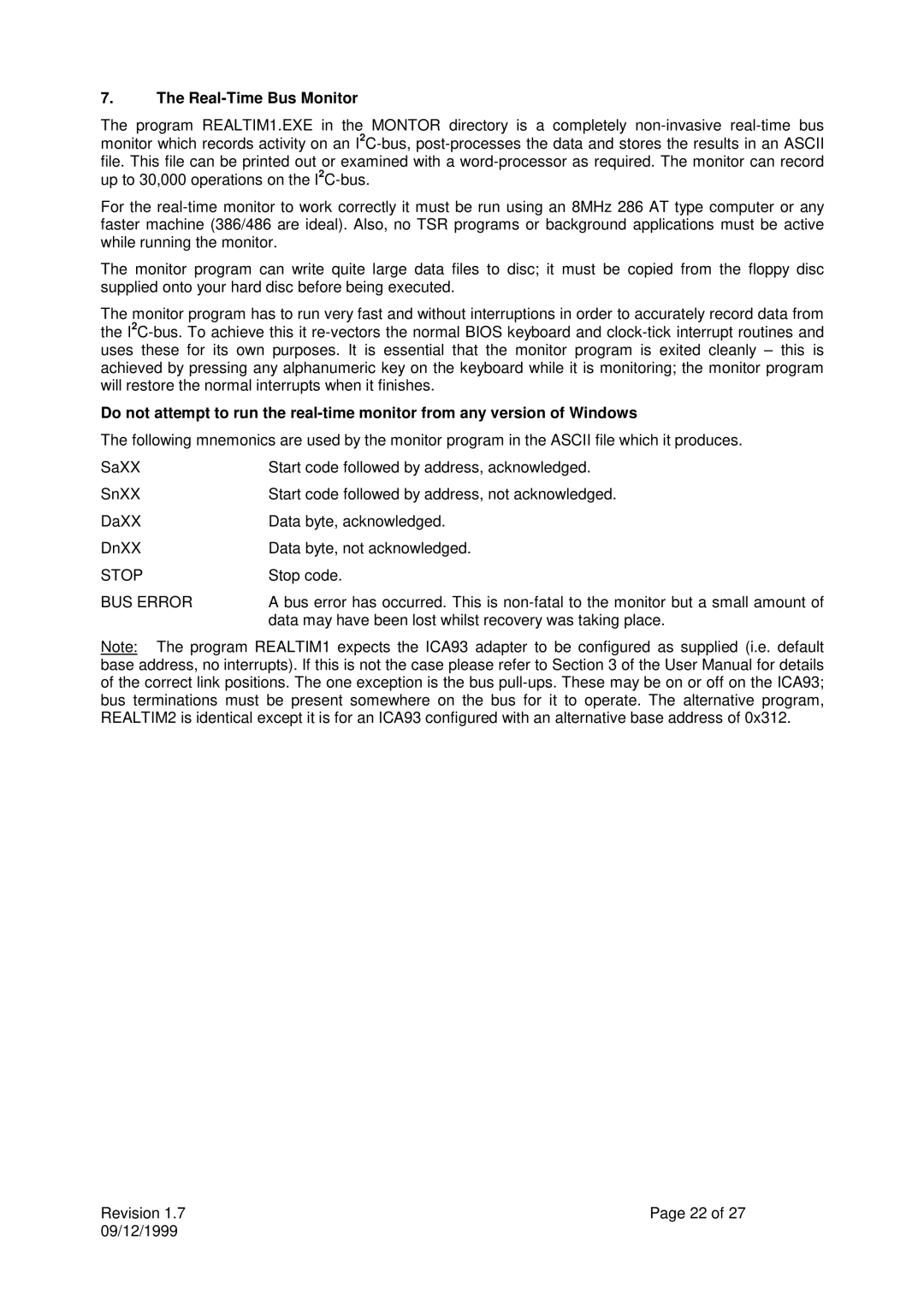 Calibre UK ICA93LV user manual Real-Time Bus Monitor, BUS Error 