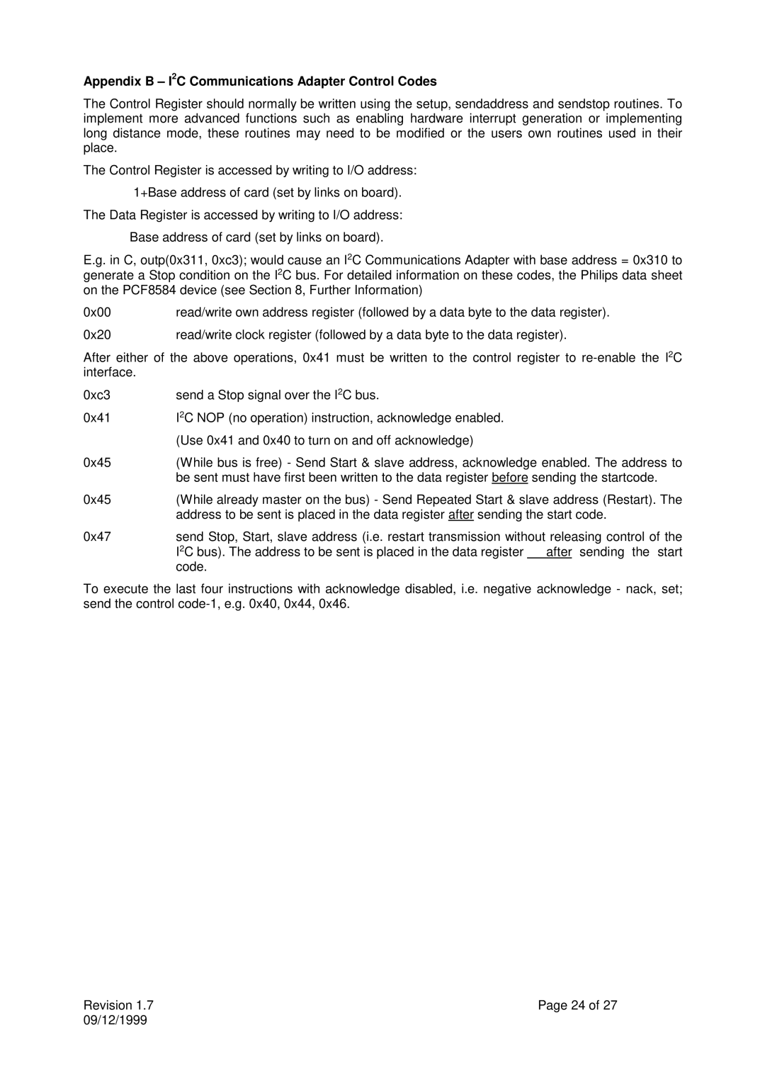 Calibre UK ICA93LV user manual Appendix B I2C Communications Adapter Control Codes 