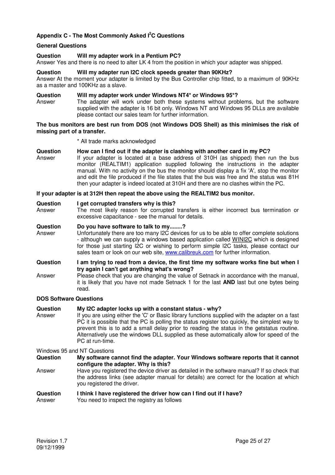 Calibre UK ICA93LV user manual Question Do you have software to talk to my........?, DOS Software Questions 