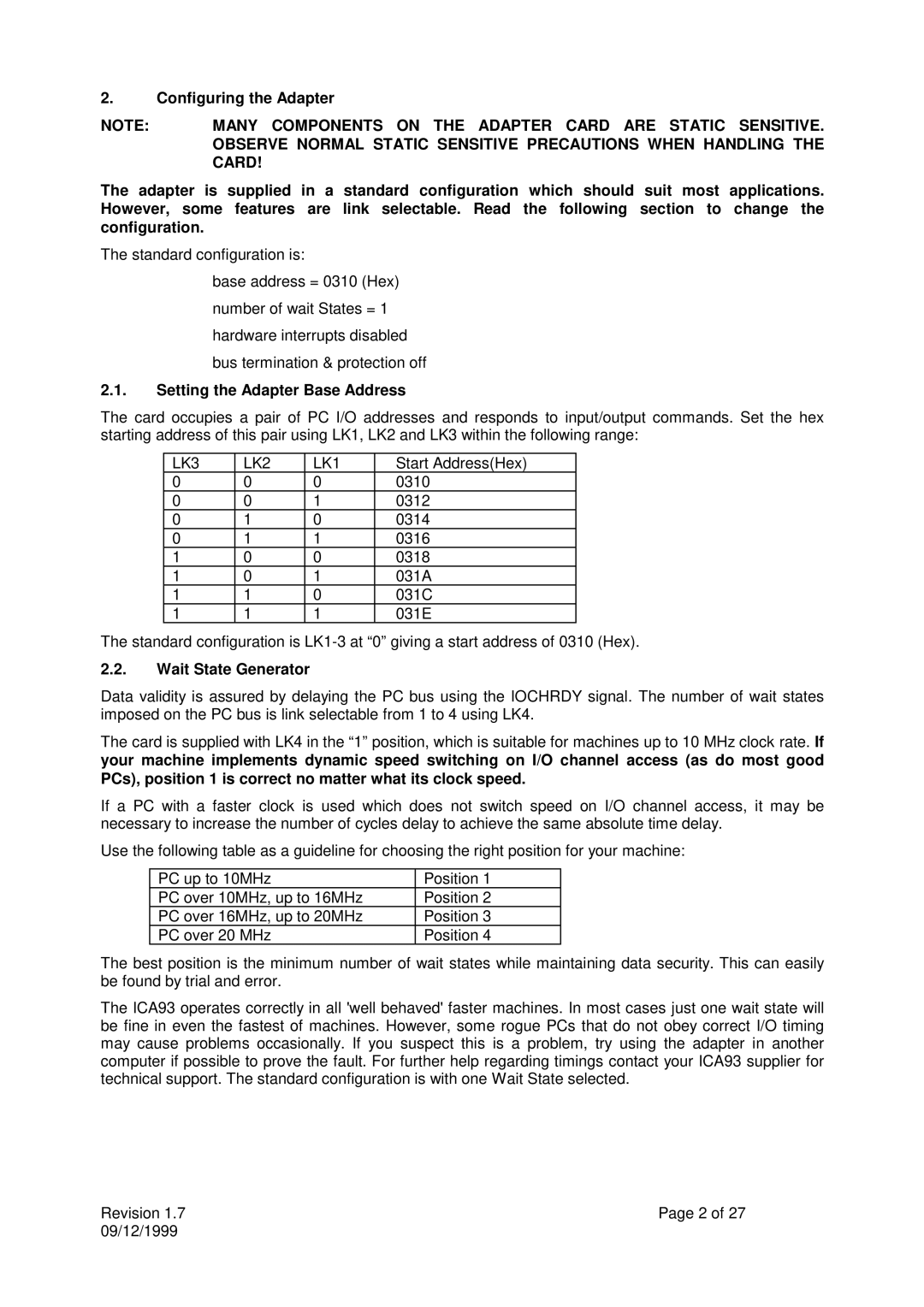 Calibre UK ICA93LV user manual Configuring the Adapter, Setting the Adapter Base Address, Wait State Generator 