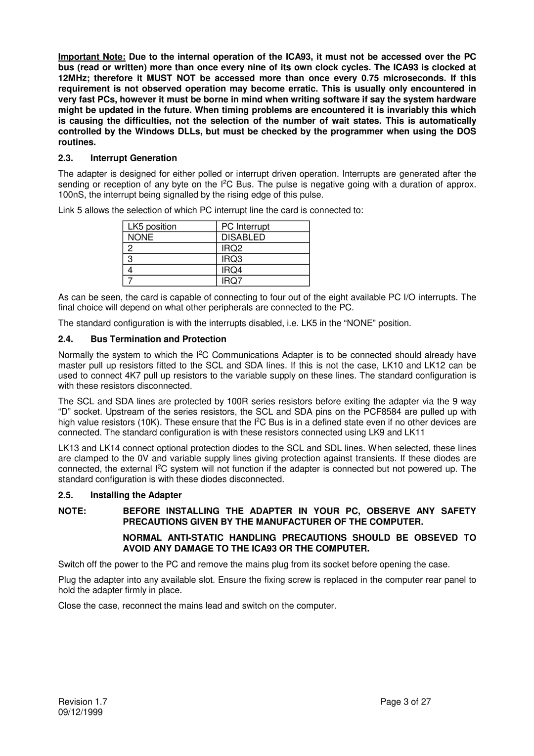 Calibre UK ICA93LV user manual Bus Termination and Protection, Installing the Adapter 