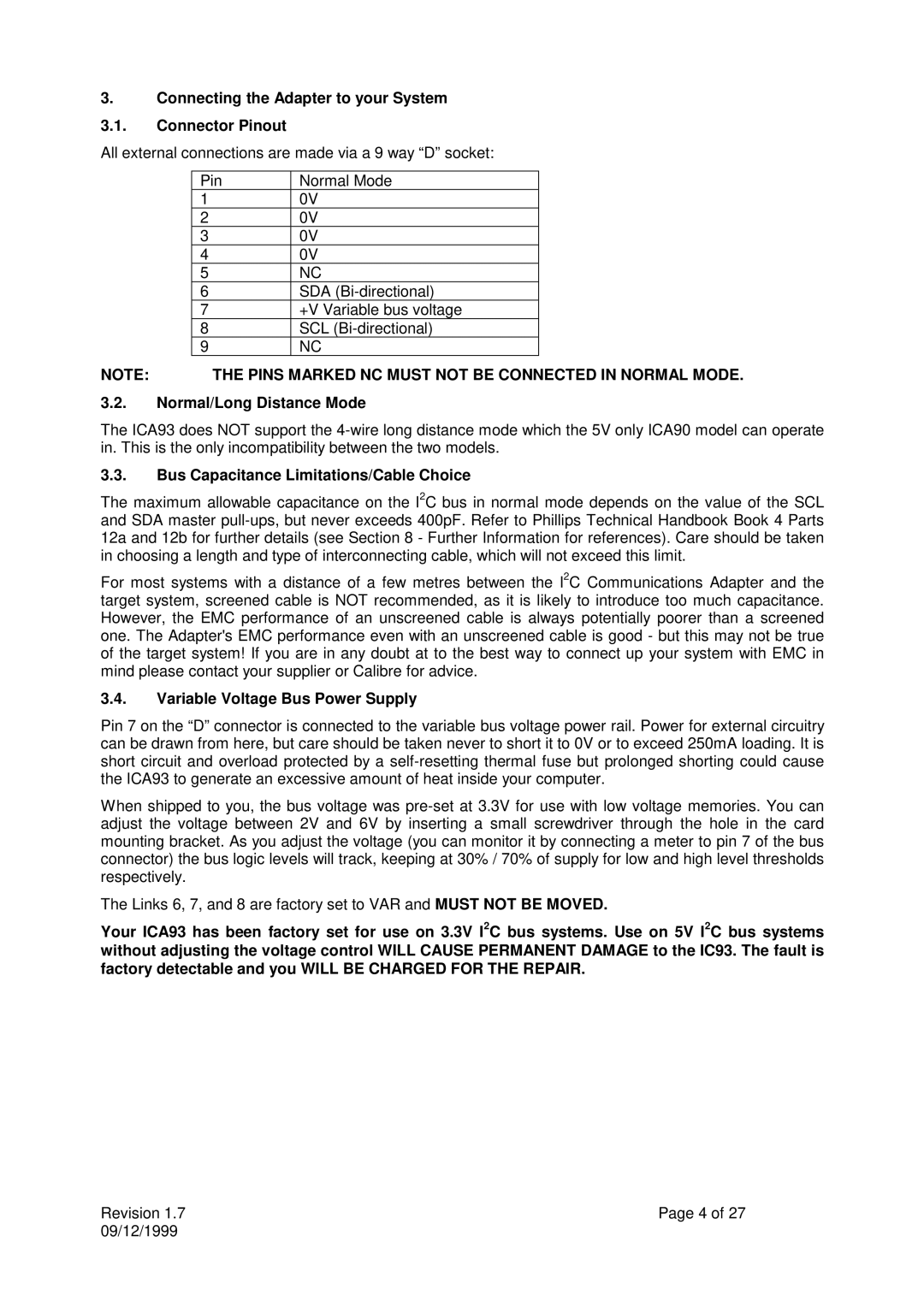 Calibre UK ICA93LV user manual Connecting the Adapter to your System Connector Pinout, Normal/Long Distance Mode 