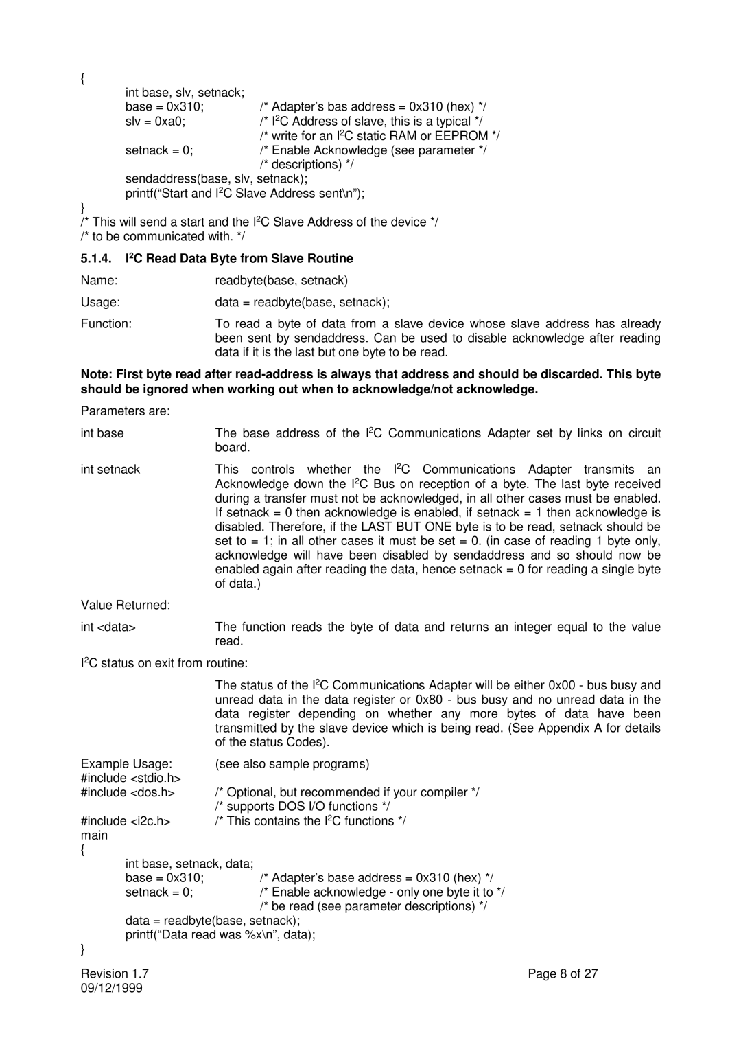 Calibre UK ICA93LV user manual 4. I2C Read Data Byte from Slave Routine 