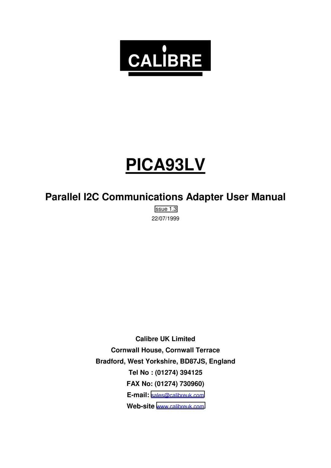 Calibre UK PICA93LV user manual Calibre 