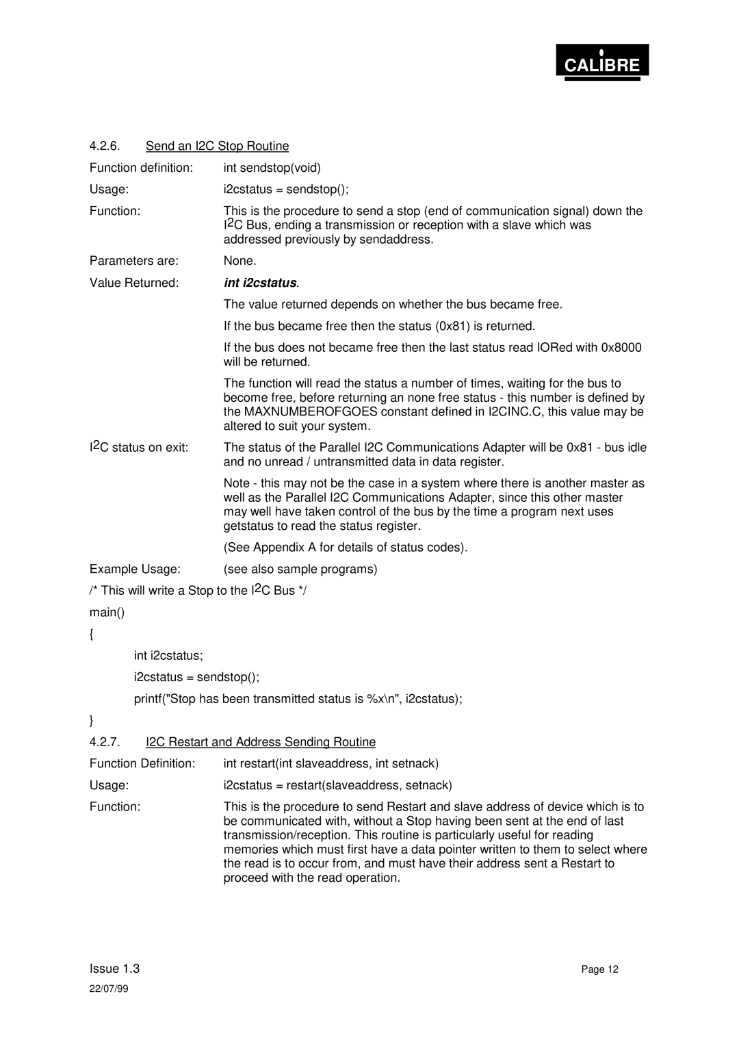 Calibre UK PICA93LV user manual Int i2cstatus 