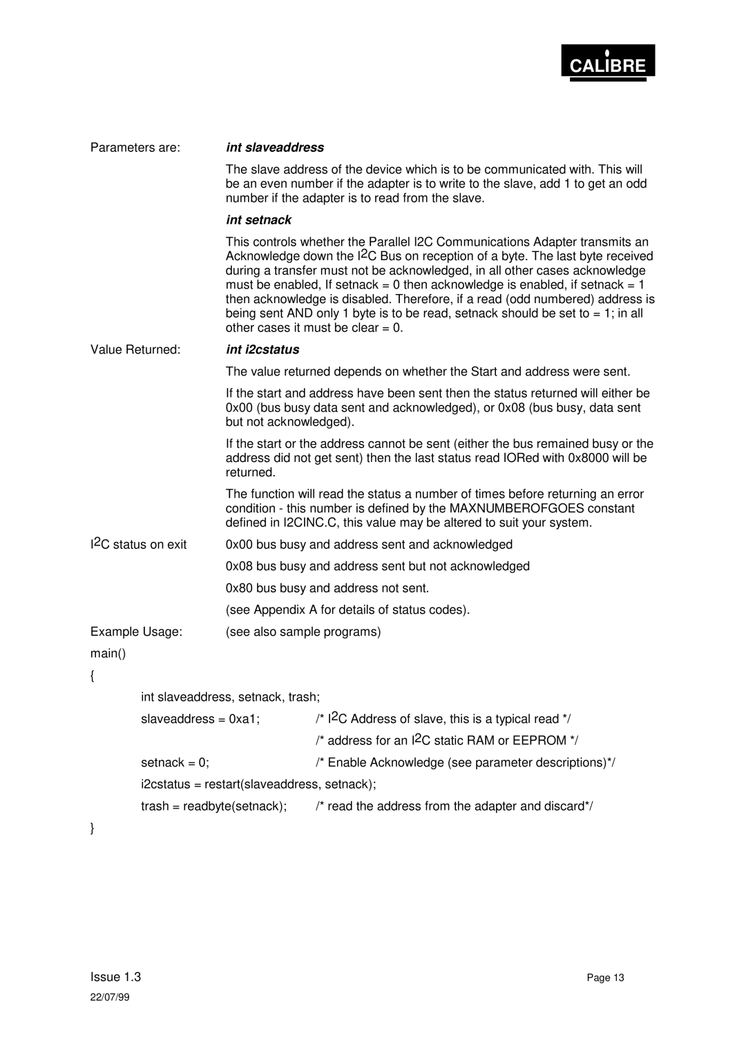 Calibre UK PICA93LV user manual Number if the adapter is to read from the slave 