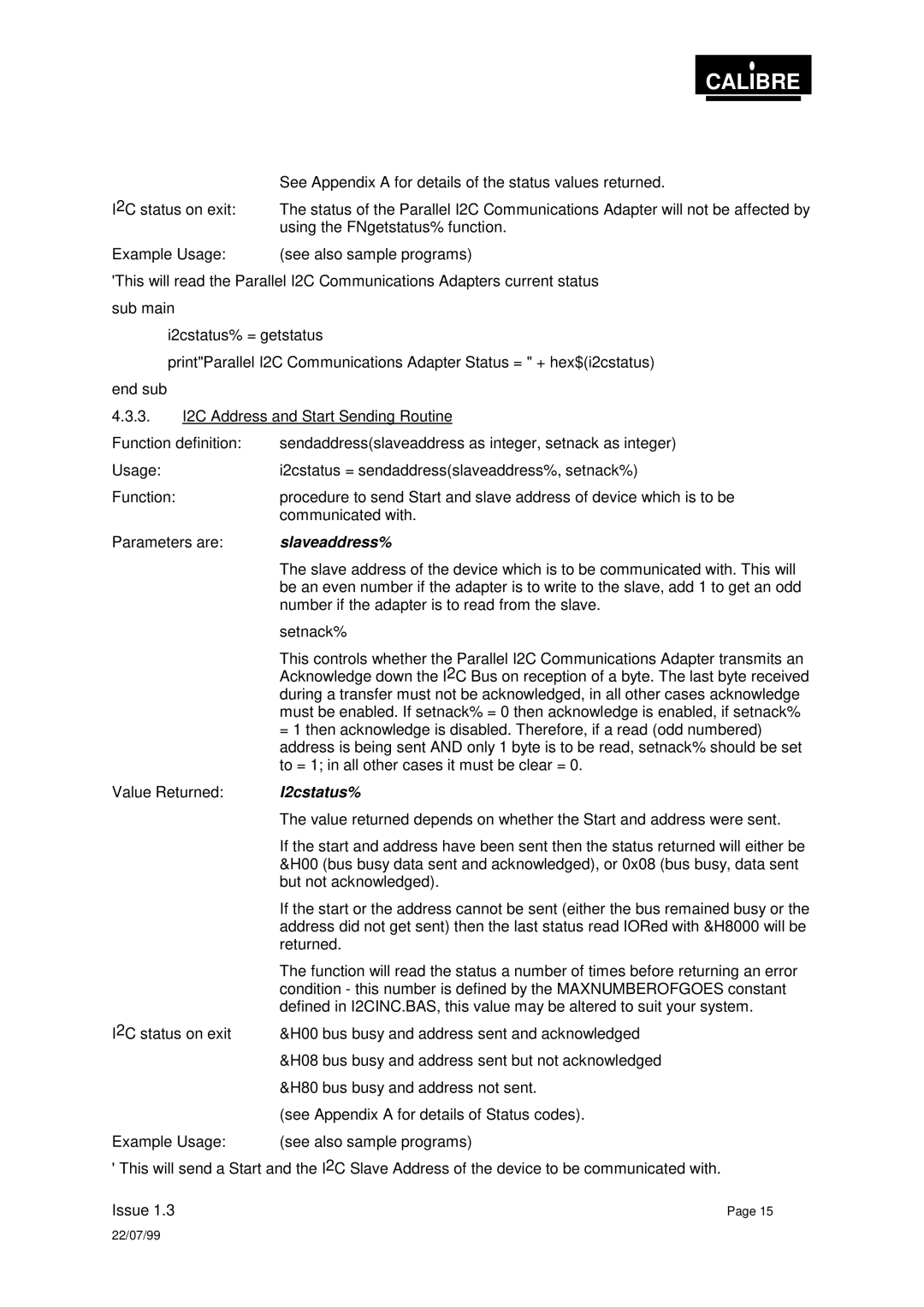 Calibre UK PICA93LV user manual Slaveaddress% 