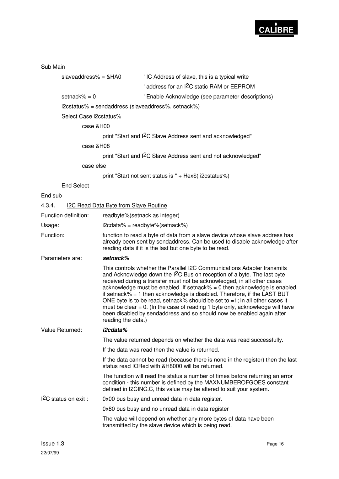 Calibre UK PICA93LV user manual Setnack%, I2cdata% 