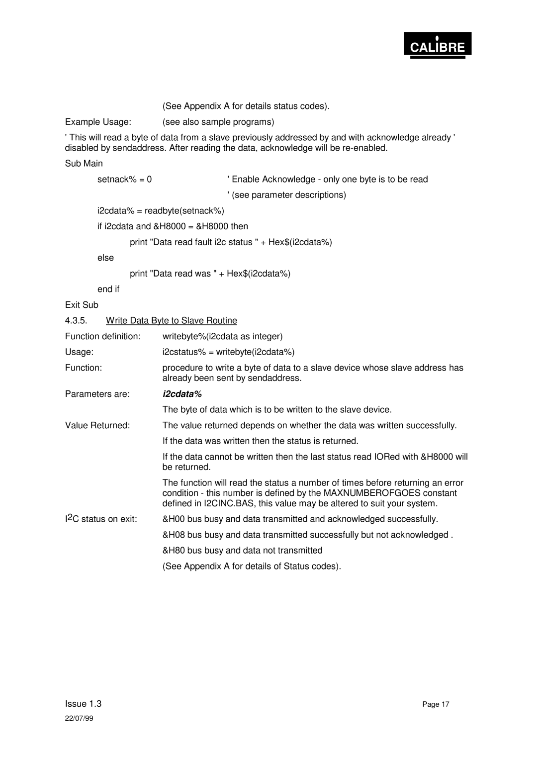 Calibre UK PICA93LV user manual See Appendix a for details status codes 