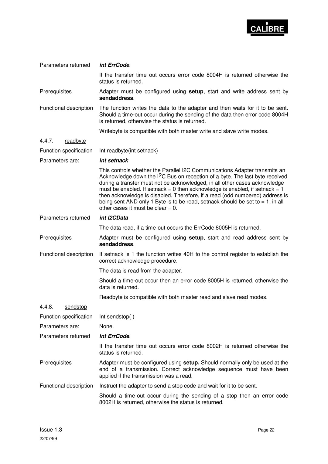 Calibre UK PICA93LV user manual Sendaddress, Int I2CData 