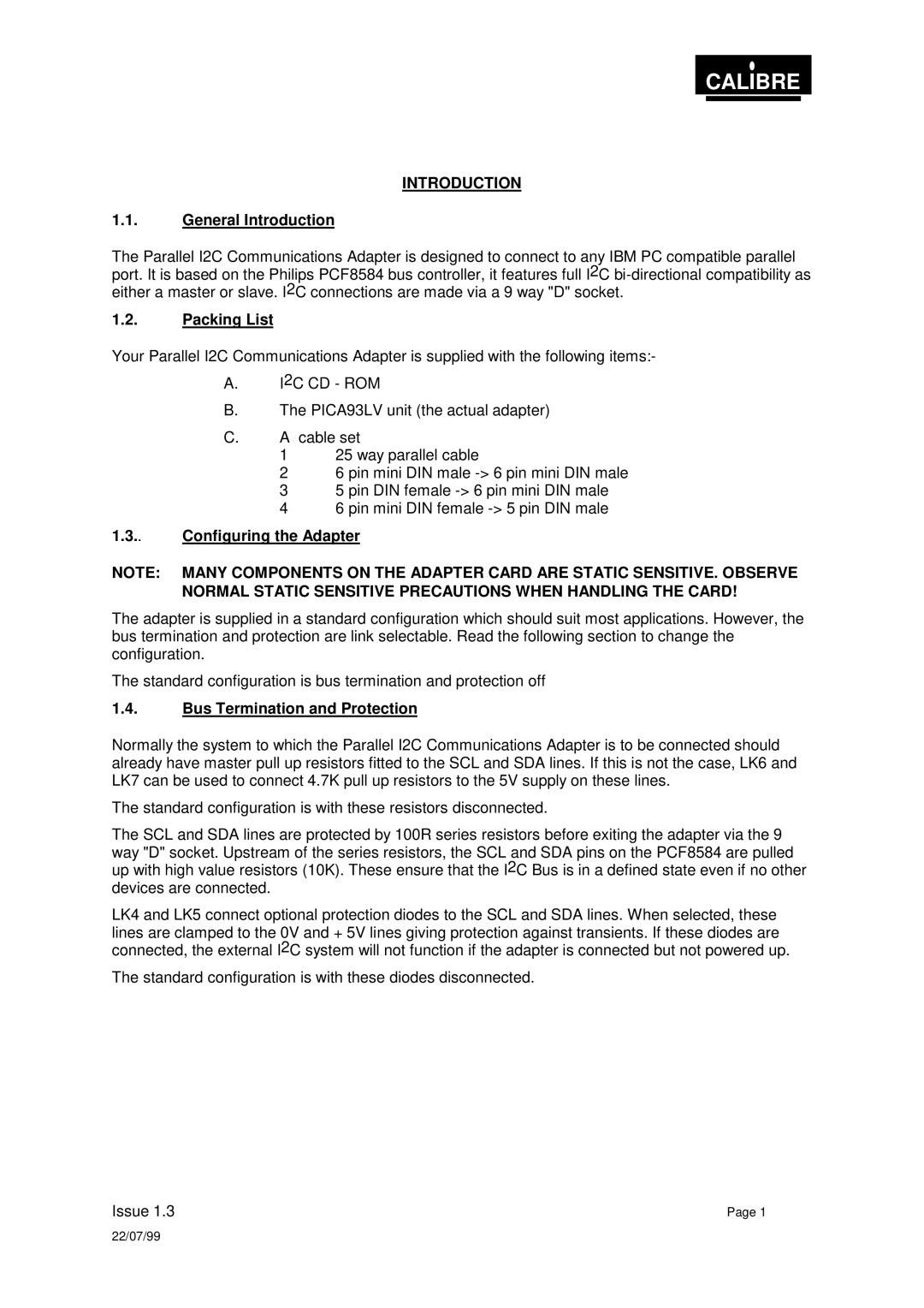 Calibre UK PICA93LV General Introduction, Packing List, Configuring the Adapter, Bus Termination and Protection 