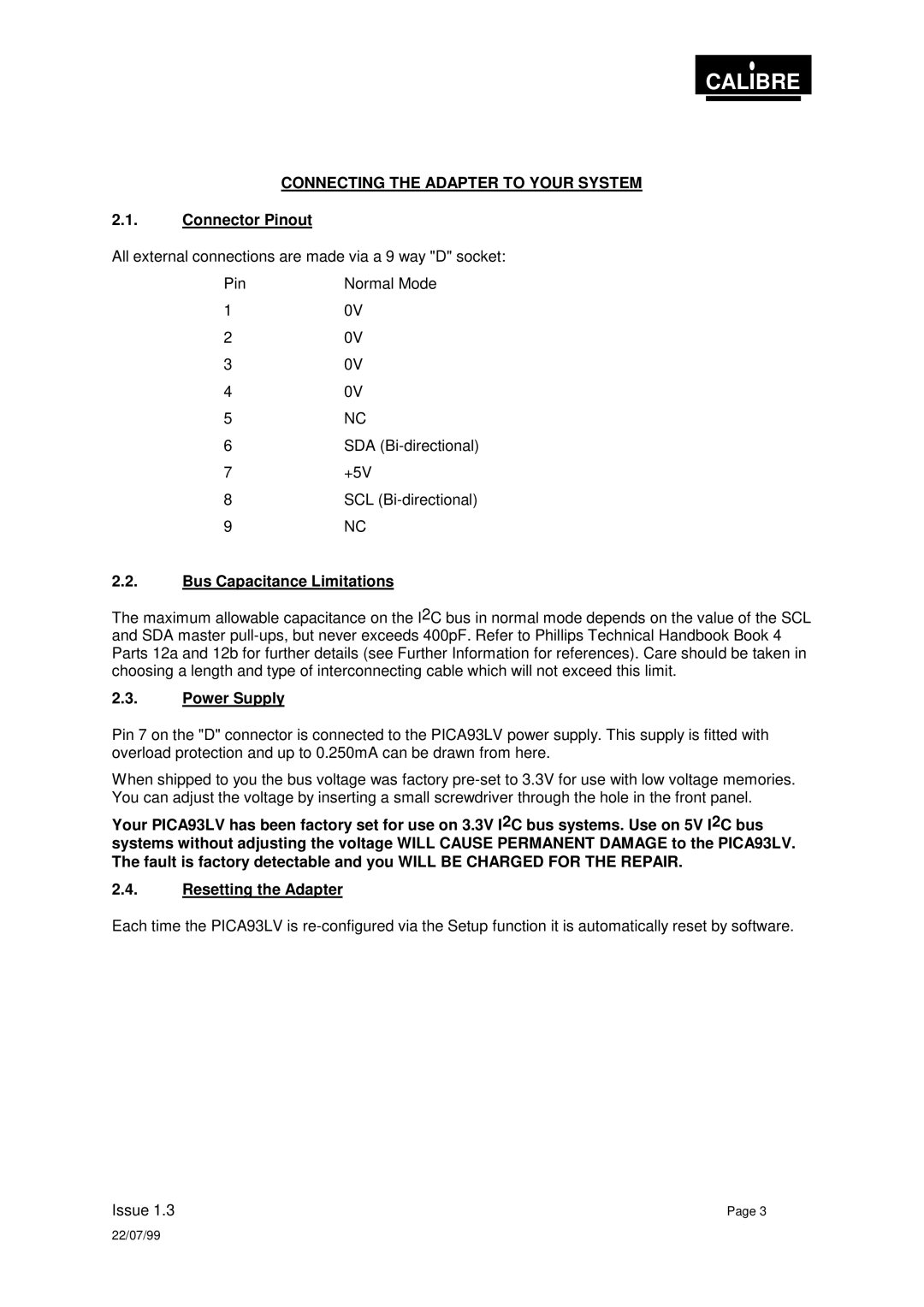 Calibre UK PICA93LV Connecting the Adapter to Your System, Connector Pinout, Bus Capacitance Limitations, Power Supply 