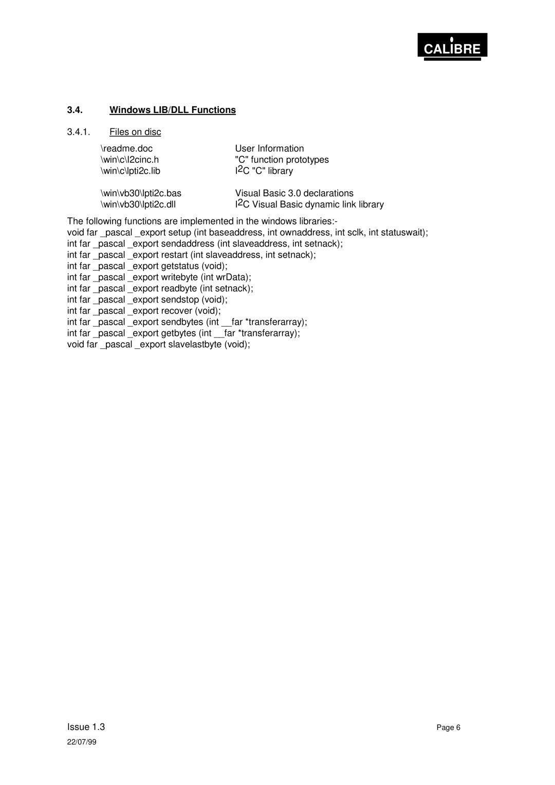 Calibre UK PICA93LV user manual Windows LIB/DLL Functions 