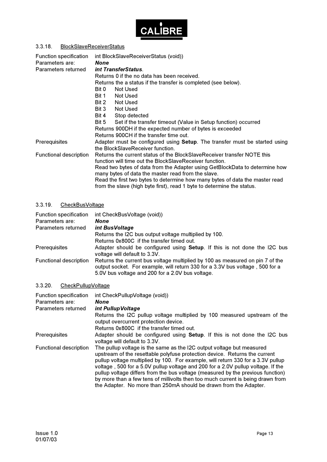 Calibre UK UCA93 manual Int BusVoltage, Int PullupVoltage 