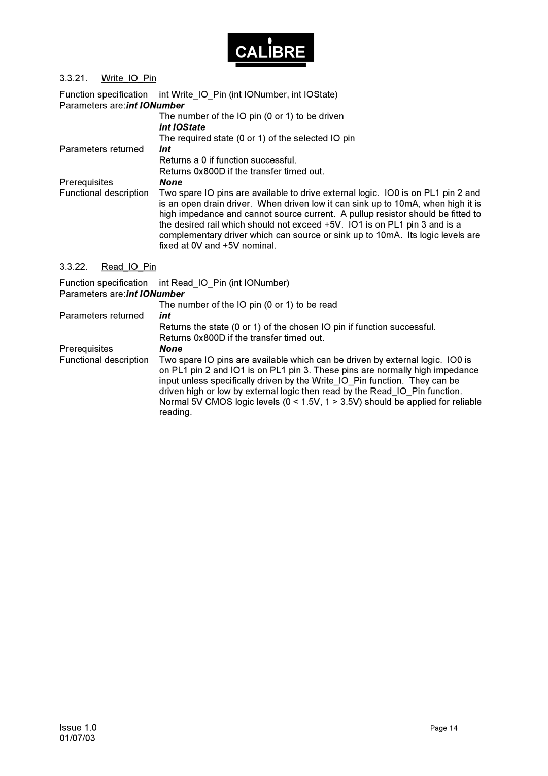 Calibre UK UCA93 manual Int IOState 