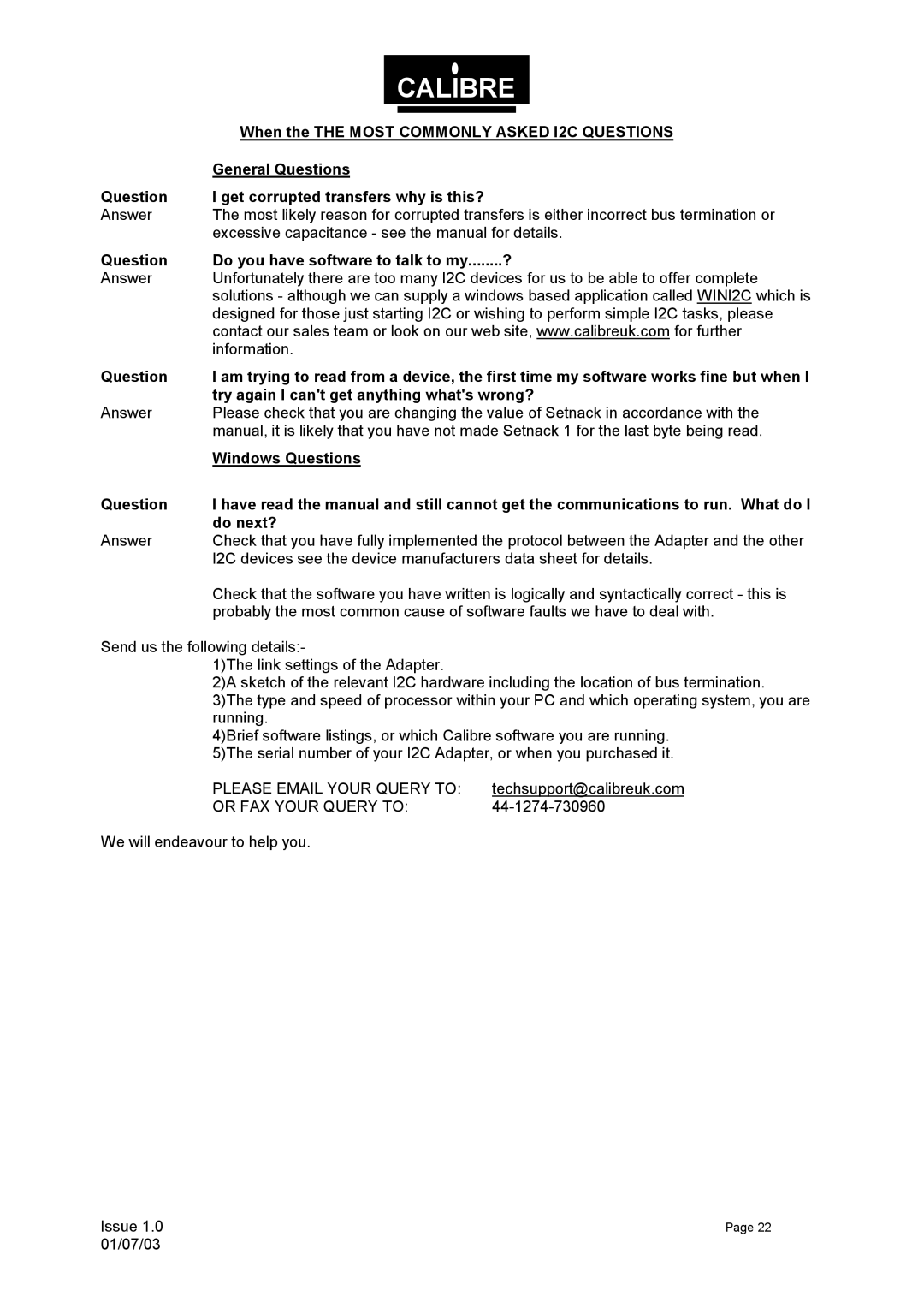 Calibre UK UCA93 manual When the the Most Commonly Asked I2C Questions, General Questions, Windows Questions, Do next? 