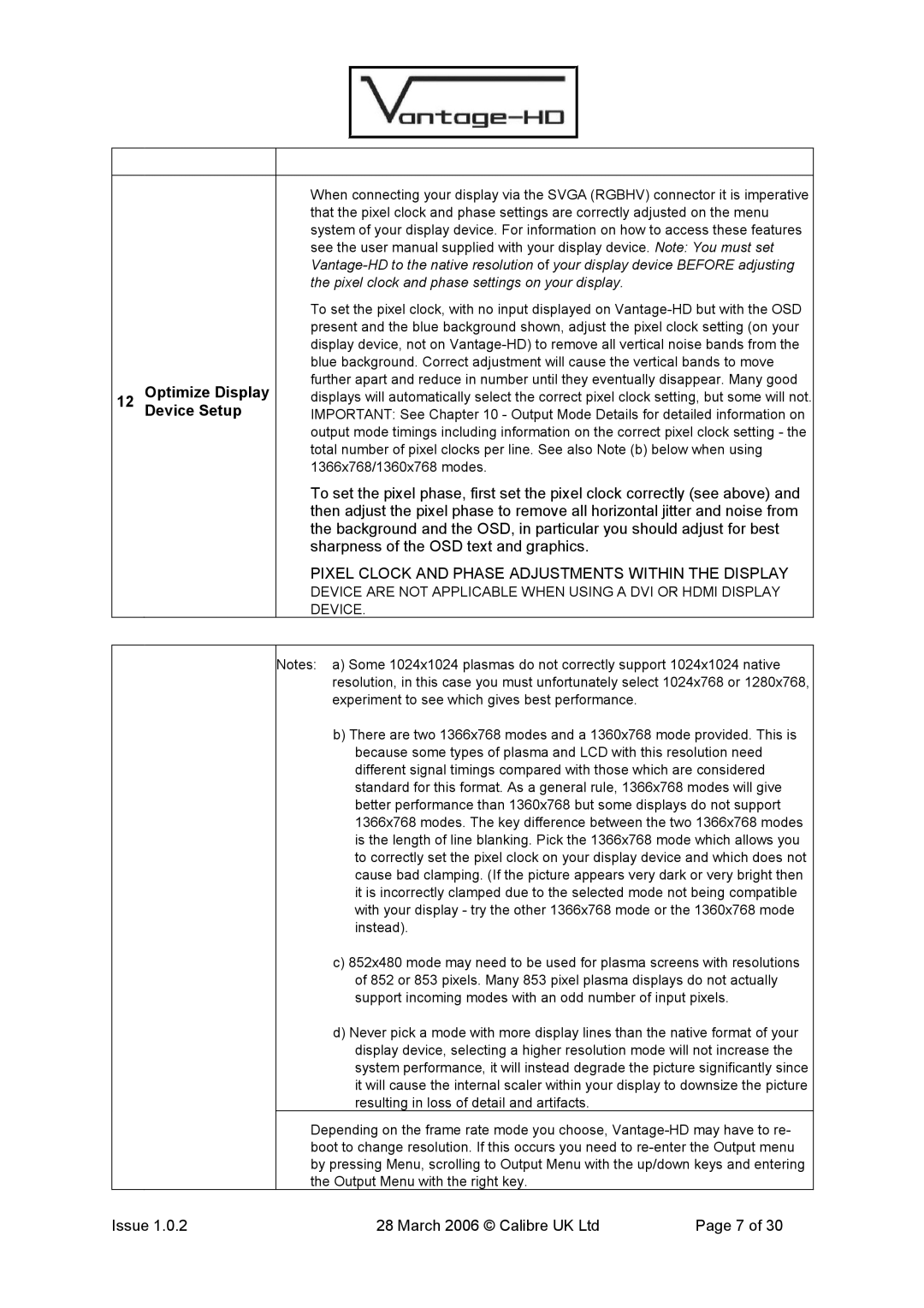 Calibre UK VANTAGE-HD manual Optimize Display Device Setup, Pixel Clock and Phase Adjustments Within the Display 