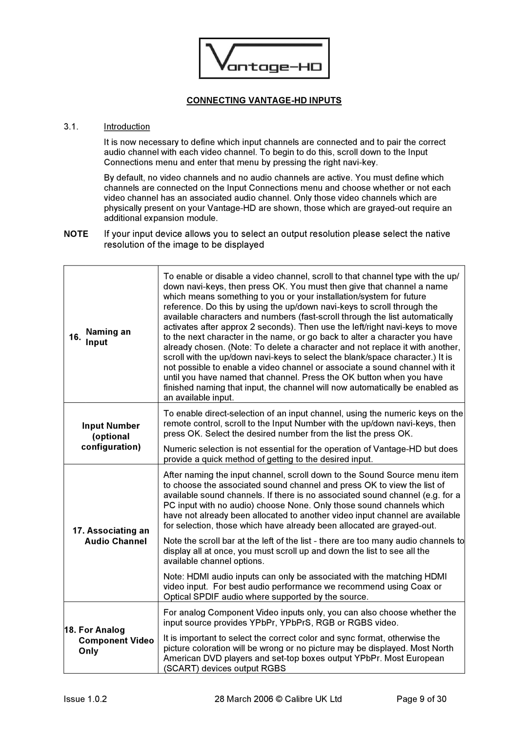 Calibre UK manual Connecting VANTAGE-HD Inputs 