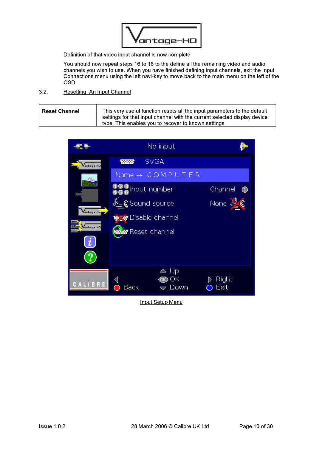 Calibre UK VANTAGE-HD manual Reset Channel 