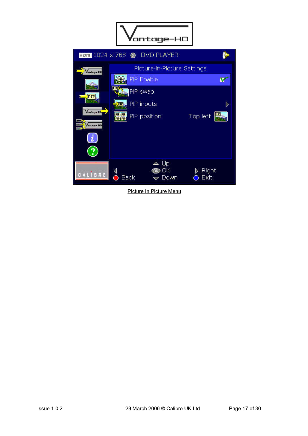 Calibre UK VANTAGE-HD manual Picture In Picture Menu Issue 