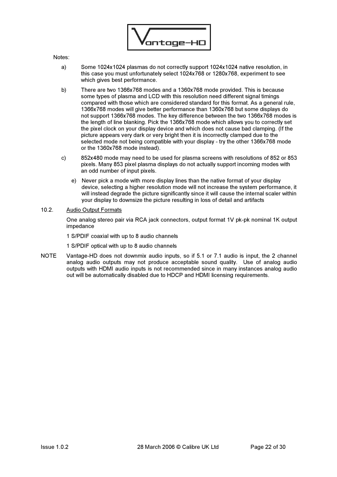 Calibre UK VANTAGE-HD manual 