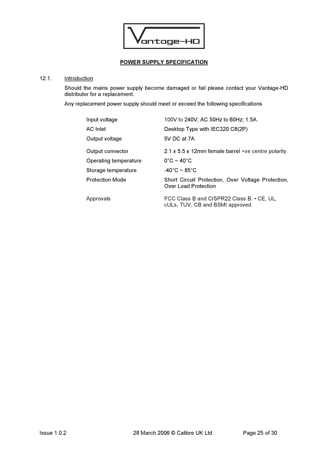 Calibre UK VANTAGE-HD manual Power Supply Specification 