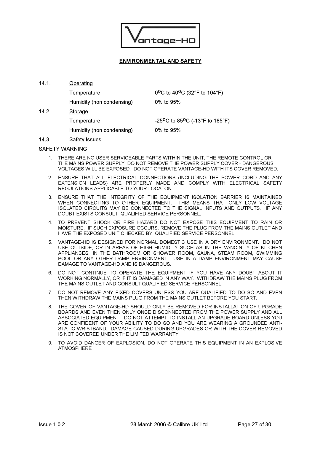 Calibre UK VANTAGE-HD manual Environmental and Safety, Safety Warning 