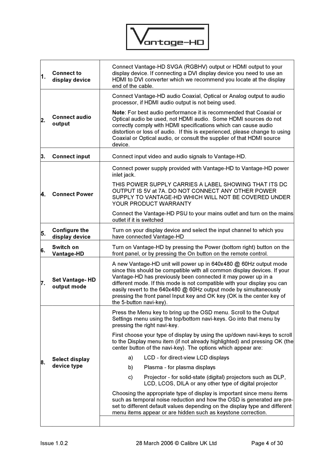 Calibre UK VANTAGE-HD manual Connect to, Display device, Connect audio, Output, Connect input, Connect Power, Configure 